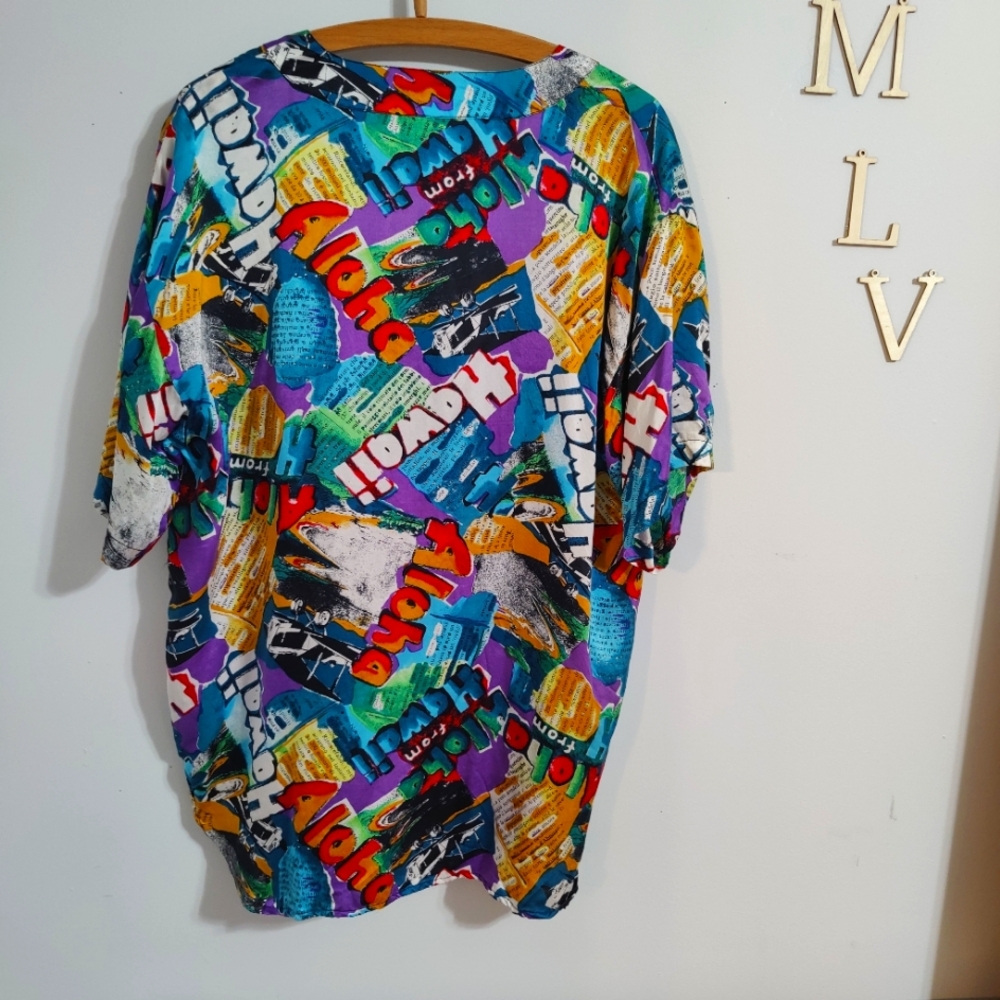silk 80s oversized luxury V neck regal Hawaii slick button front blouse L - Picture 6 of 9